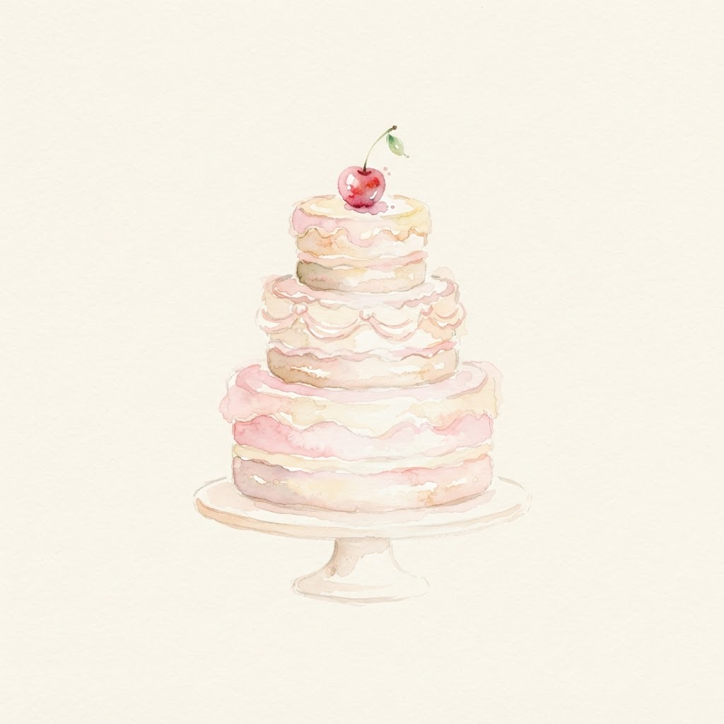 Watercolor illustration of a three-tier layered cake